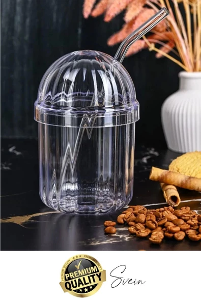4'lü Kapaklı Cam Pipetli Kristal Sert Mika Bardak Limonata Çay Kahvaltı Kupa Kahve Fincan Pinterest - 7