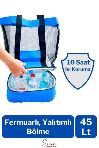 Sıcak Soğuk Tutucu Buzluklu Termos Bölmeli Fileli Omuz Askılı Fermuarlı Şık Plaj Kamp Piknik Çantası - 5