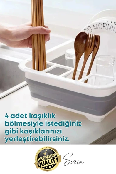 Pratik Katlanabilen Ayarlı Silikon Beyaz Bulaşıklık Kurutmalık Sepet Çatal Kaşık Hazneli Süzgeçli - 4