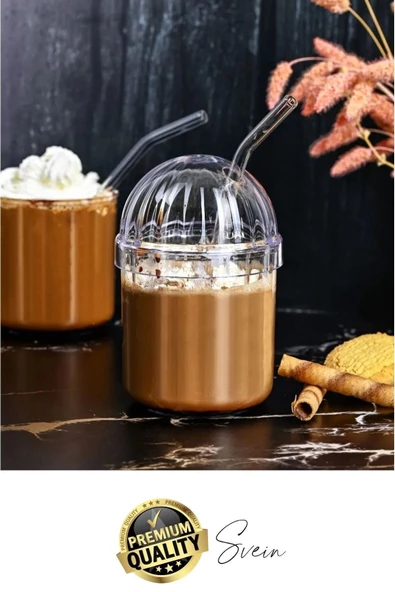 4'lü Kapaklı Cam Pipetli Kristal Sert Mika Bardak Limonata Çay Kahvaltı Kupa Kahve Fincan Pinterest - 5