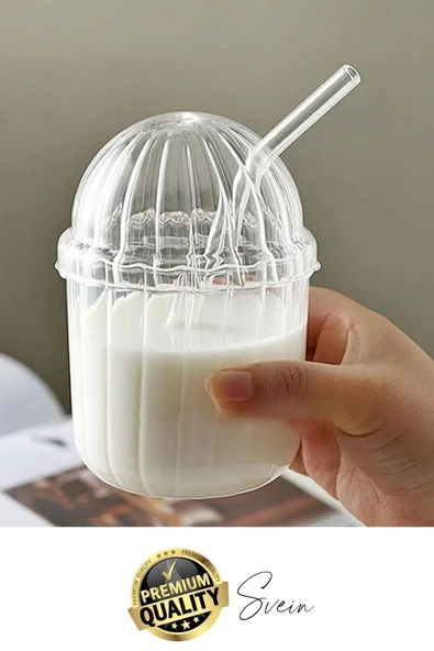 4'lü Kapaklı Cam Pipetli Kristal Sert Mika Bardak Limonata Çay Kahvaltı Kupa Kahve Fincan Pinterest - 2