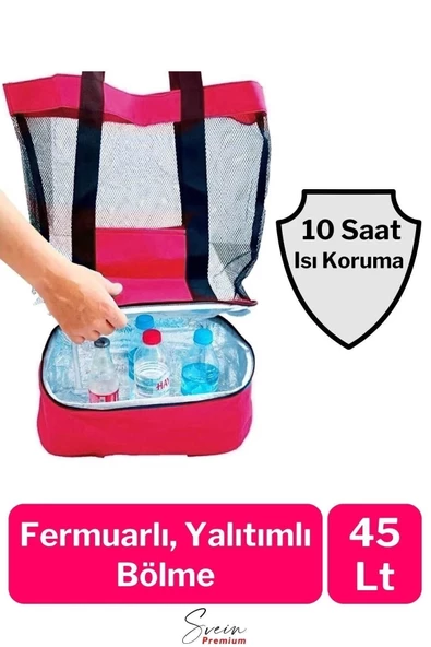 Sıcak Soğuk Tutucu Buzluklu Termos Bölmeli Fileli Omuz Askılı Fermuarlı Şık Plaj Kamp Piknik Çantası - 5