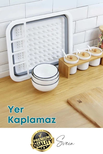 Pratik Katlanabilen Ayarlı Silikon Beyaz Bulaşıklık Kurutmalık Sepet Çatal Kaşık Hazneli Süzgeçli - 5
