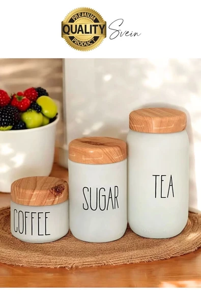 3'lü Boy Vakumlu Bambu Kapaklı Cam Beyaz Kavanoz Seti Saklama Kabı Takımı Tuz Şeker Kahve Mutfak - 3