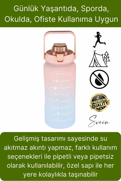 Premium 2 Lt Pipetli Kilitli Sızdırmaz Kapaklı Kamp Sağlıklı Motivasyon Suluk Matara Spor Su Şişesi - 3