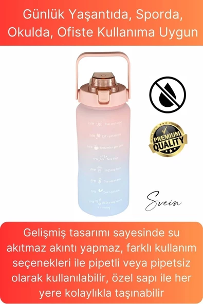 Premium 2 Lt Pipetli Kilitli Sızdırmaz Kapaklı Tutma Saplı Motivasyon Suluk Matara Sporcu Su Şişesi - 2