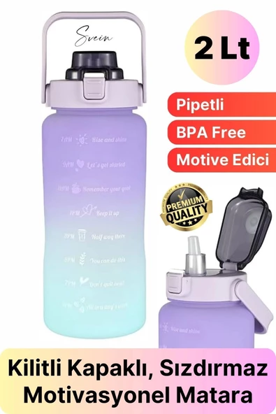 Premium 2 Lt Pipetli Kilitli Sızdırmaz Kapaklı Tutma Saplı Motivasyon Suluk Matara Sporcu Su Şişesi