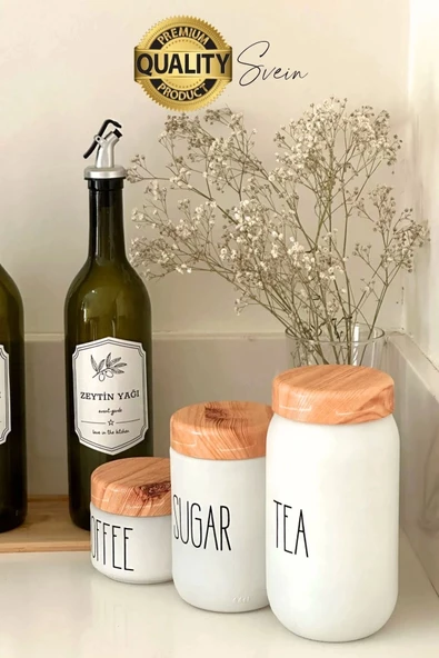 3'lü Boy Vakumlu Bambu Kapaklı Cam Beyaz Kavanoz Seti Saklama Kabı Takımı Tuz Şeker Kahve Mutfak - 2