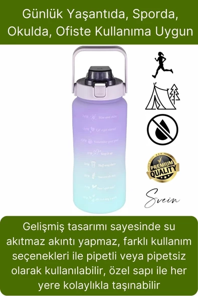 Premium 2 Lt Pipetli Kilitli Sızdırmaz Kapaklı Kamp Sağlıklı Motivasyon Suluk Matara Spor Su Şişesi - Resim 2