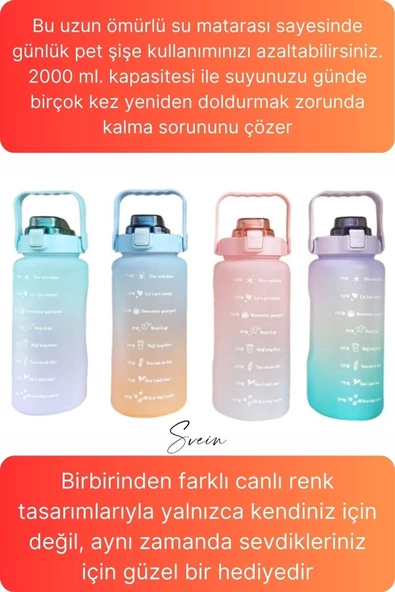 Premium 2 Lt Pipetli Kilitli Sızdırmaz Kapaklı Tutma Saplı Motivasyon Suluk Matara Sporcu Su Şişesi - 6