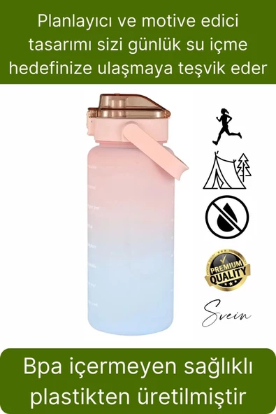Premium 2 Lt Pipetli Kilitli Sızdırmaz Kapaklı Kamp Sağlıklı Motivasyon Suluk Matara Spor Su Şişesi - 2