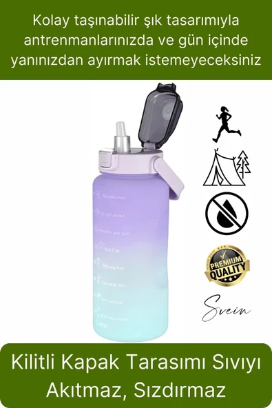 Premium 2 Lt Pipetli Kilitli Sızdırmaz Kapaklı Kamp Sağlıklı Motivasyon Suluk Matara Spor Su Şişesi - Resim 4