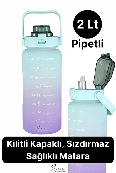 2 Lt Pipetli Motivasyonel Su Matarası Sağlıklı Sızdırmaz Suluk Tritan Spor Salonu Su Şişesi Sticker