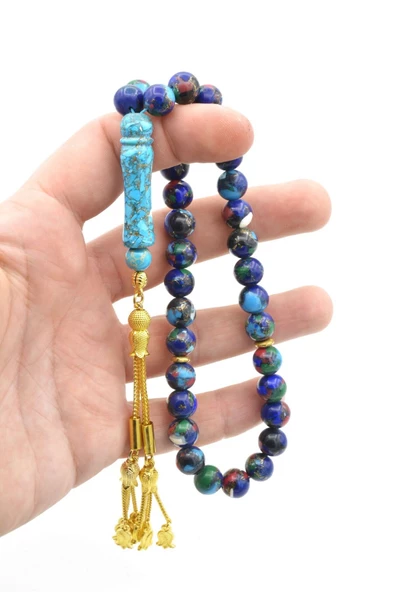 Küre Kesim Doğal Lapis Turkuaz Mercan Yeşim Taşlı Tesbih - Resim 4