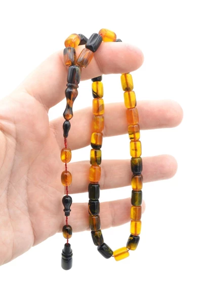 Abdullah Darabacı Yapımı Simli Siyah Sarı Sıkma Kehribar Tesbih - Resim 4