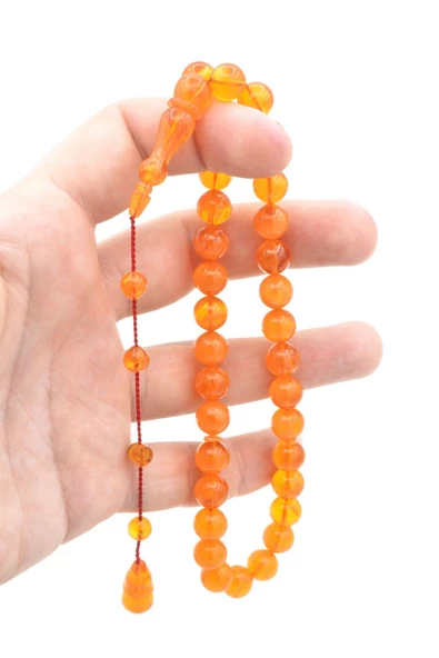 İsmail Karasapan İmzalı Küre Kesim Hareli Turuncu Sıkma Kehribar Tesbih - Resim 4