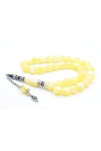 Sarı Lacivert Nakkaş İmameli Küre Kesim Beyrut Damla Kehribar Tesbih - Resim 4