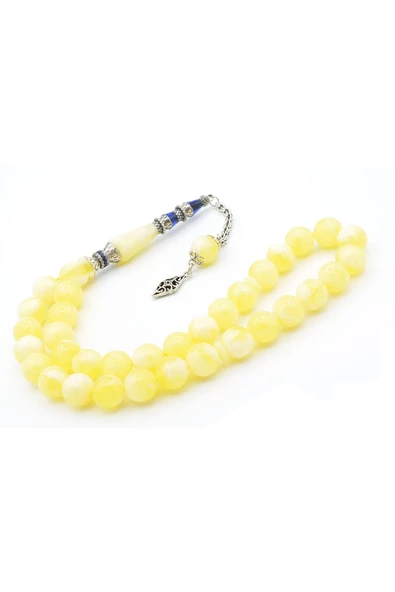 Sarı Lacivert Nakkaş İmameli Küre Kesim Beyrut Damla Kehribar Tesbih - Resim 3