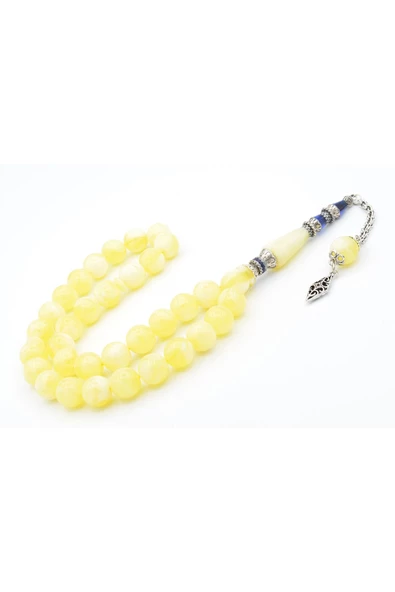 Sarı Lacivert Nakkaş İmameli Küre Kesim Beyrut Damla Kehribar Tesbih - Resim 2