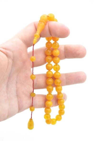 İsmail Karasapan İmzalı Küre Kesim Hareli Sarı Sıkma Kehribar Tesbih - Resim 4