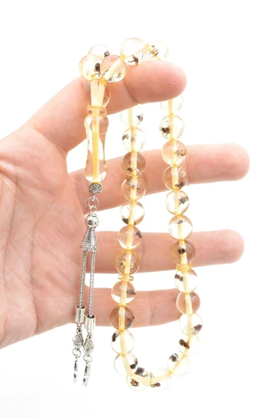 Küre Kesim Şeffaf Karınca Fosilli Toz Kehribar Tesbih 12 Mm - Resim 3