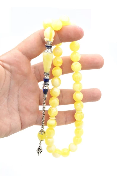 Sarı Lacivert Nakkaş İmameli Küre Kesim Beyrut Damla Kehribar Tesbih - Resim 5