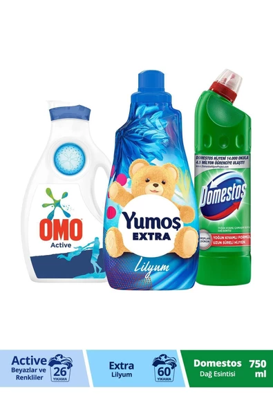 Omo Ultra Active Konsantre Deterjan 910ml+Yumoş Lilyum Yumuşatıcı 1440ml+Domestos Dağ Esintisi 750ml ürün görseli 1