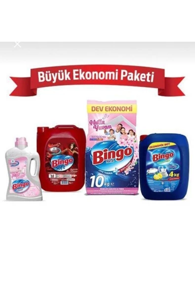 Bingo Toz Çamaşır Deterjanı 10kg MutluY.+Yumuşatıcı 5 lt Lovely+Bulaşık Sıvısı 4 kg+ Yüzey T. 2.5 lt ürün görseli