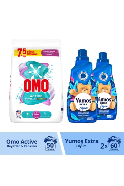 Omo Toz Deterjan Active Beyazlar Ve Renkliler 7.5kg X2 Yumoş Lilyum Konsantre Yumuşatıcı 1440ml X 2 ürün görseli