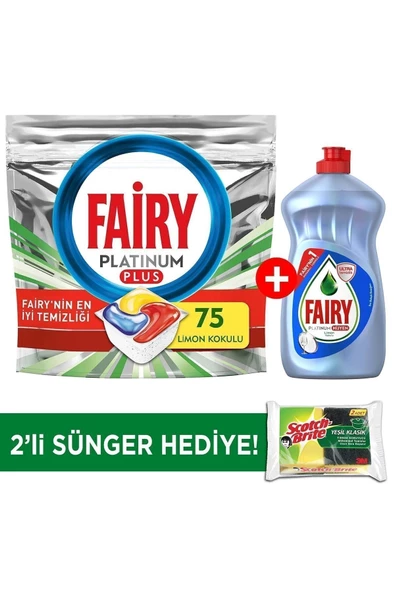 Fairy Platinum Plus 75 Yıkama Bulaşık Makinesi Kapsülü 500 ml Sıvı Hijyen Sünger