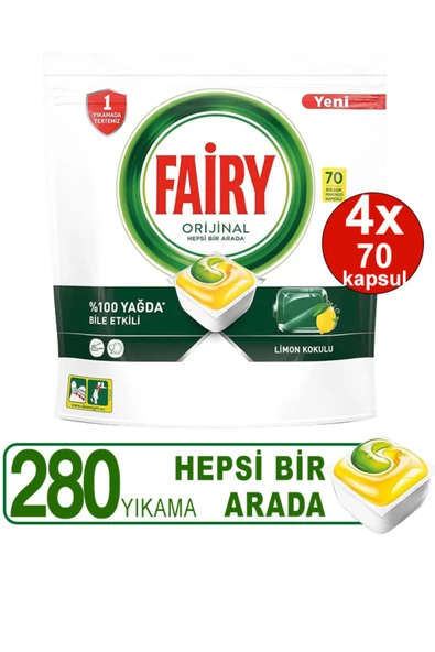 Fairy Hepsi Bir Arada Limon Bulaşık Makinesi Tableti 70'li 4 Adet