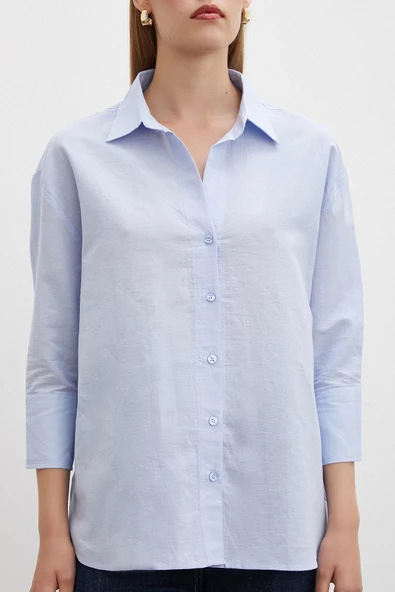 Yırtmaçlı Fakir Kol Gömlek Mavi - Resim 2