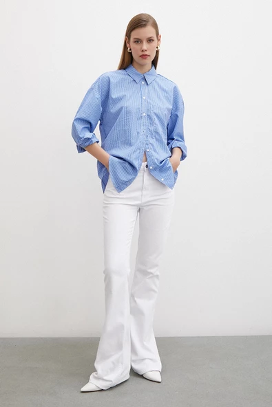 İnce Çizgili Gömlek Mavi - Resim 5