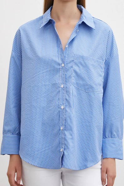 İnce Çizgili Gömlek Mavi - Resim 2