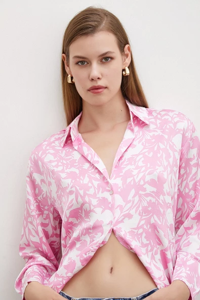 Desenli Gofret Saten Gömlek Pembe - Resim 5