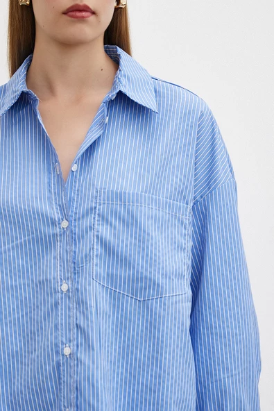 İnce Çizgili Gömlek Mavi - Resim 3