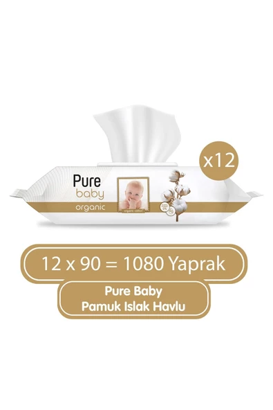 Pure Baby Organik Pamuklu 90 Yaprak 12'li Paket Islak Havlu