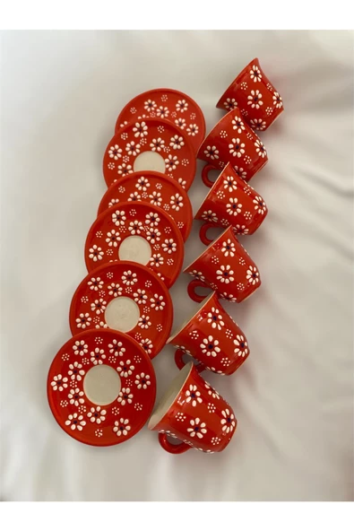 Turuncu Papatya Çiçek Desenli 6 Kişilik Kahve Fincan Seti Ve Kase - 4