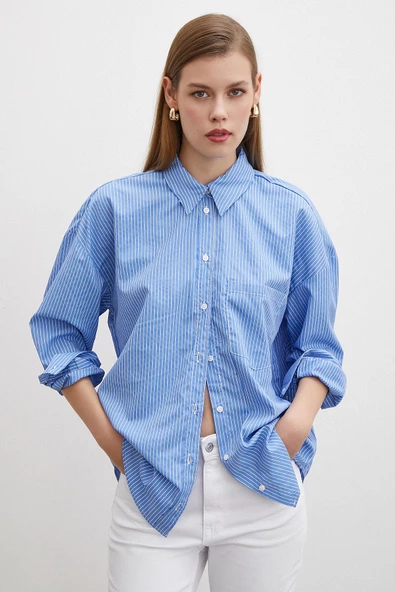 İnce Çizgili Gömlek Mavi - Resim 6