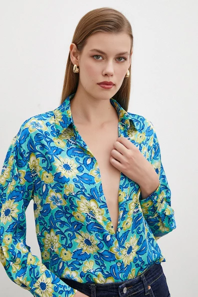 Lotus Desenli Gömlek Mavi - Resim 5