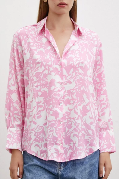 Desenli Gofret Saten Gömlek Pembe - Resim 2