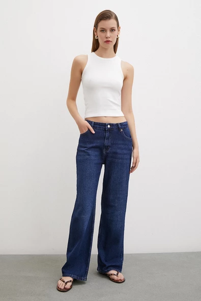 Yüksel Bel Wide Leg Jean Lacivert - 3