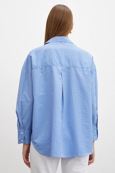 İnce Çizgili Gömlek Mavi - Resim 4
