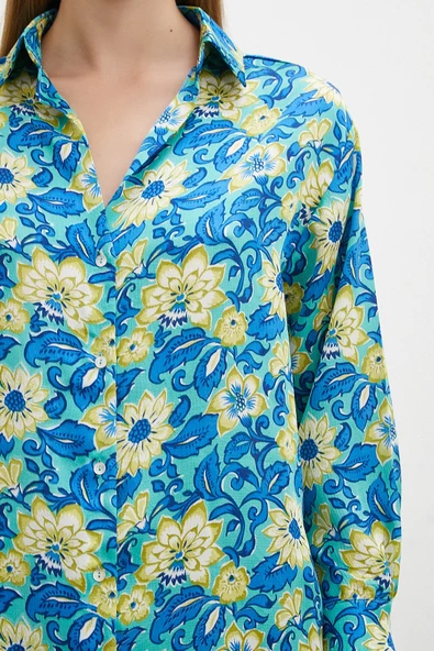 Lotus Desenli Gömlek Mavi - Resim 3