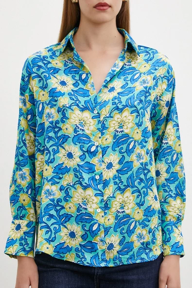 Lotus Desenli Gömlek Mavi - Resim 2