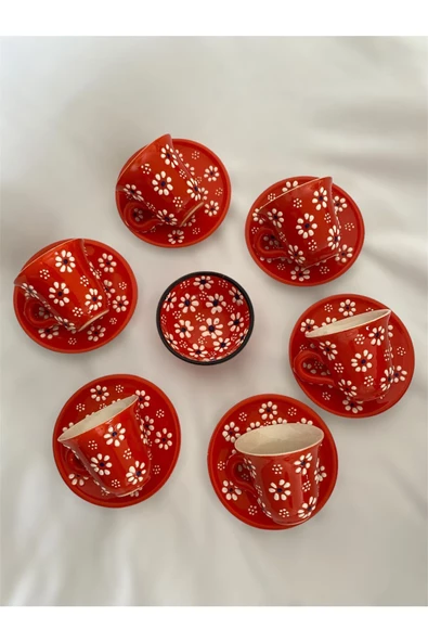 Turuncu Papatya Çiçek Desenli 6 Kişilik Kahve Fincan Seti Ve Kase - 3