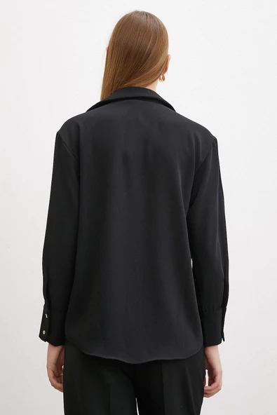 V Yaka Klasik Gömlek Siyah - Resim 2