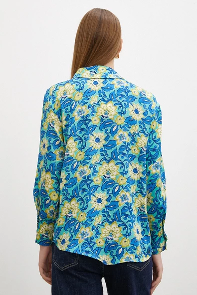 Lotus Desenli Gömlek Mavi - Resim 4