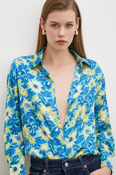 Lotus Desenli Gömlek Mavi - Resim 6