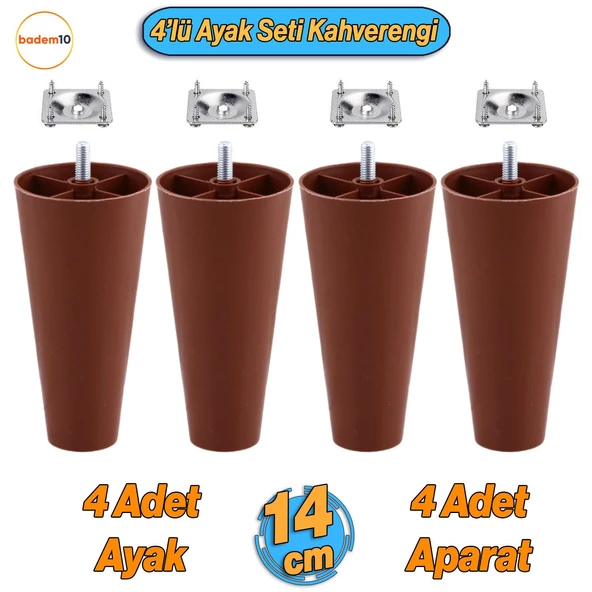 4 Adet Plastik Ayak 14 cm Mobilya Sehpa Kanepe Ünite Koltuk Ayağı Baza Ayakları Kahverengi Aparatlı